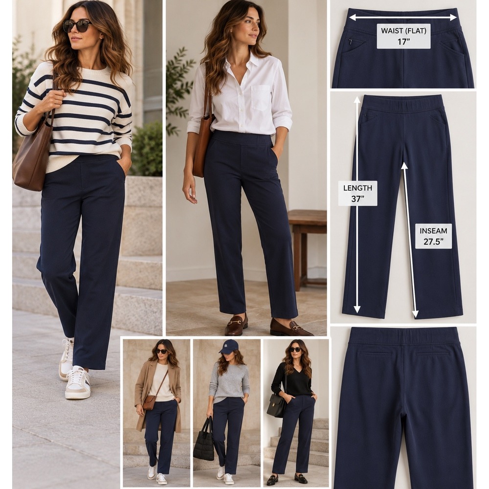 Lands End Starfish Pants Women L Petite Navy Pull On Straight Leg Stretch Preppy